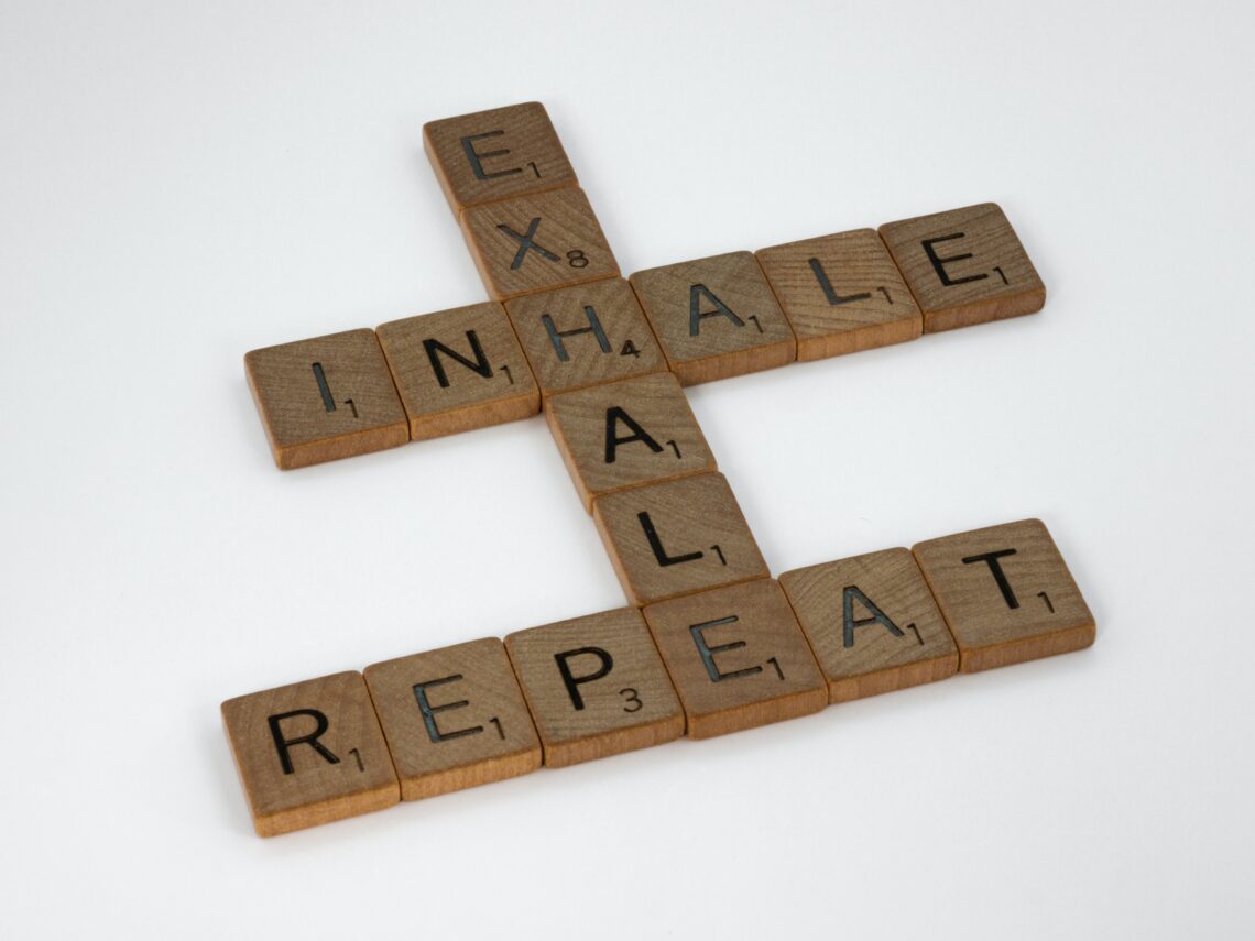 scrabble, scrabble pieces, lettering, letters, wood, scrabble tiles, white background, words, quote, letters, type, typography, design, layout, focus, bokeh, blur, photography, images, image, inhale, exhale, repeat, keep going, breathe, life rhythm, relax, persistence, perspective, endurance, pause,